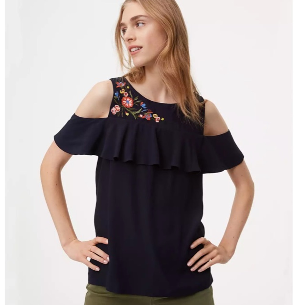 Loft Petite Floral Embroidered Cold Shoulder Top LP navy